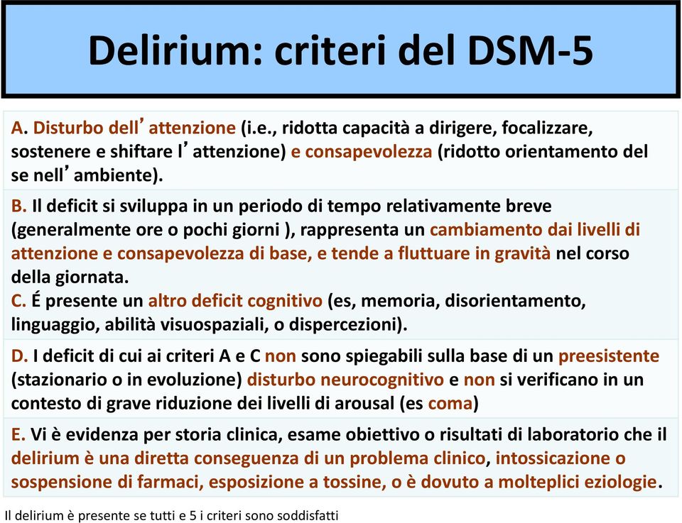 fluttuare in gravità nel corso della giornata. C. É presente un altro deficit cognitivo (es, memoria, disorientamento, linguaggio, abilità visuospaziali, o dispercezioni). D.