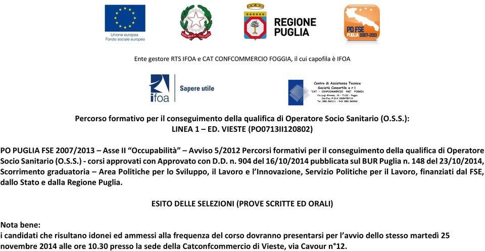 D. n. 904 del 16/10/2014 pubblicata sul BUR Puglia n.