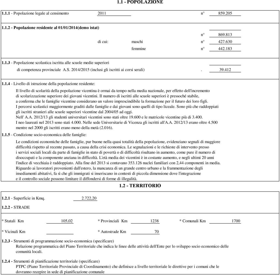 /2015 (inclusi gli iscritti ai corsi serali). 39.412 1.1.4 - Livello di istruzione della popolazione residente: Il livello di scolarità della popolazione vicentina è ormai da tempo nella media