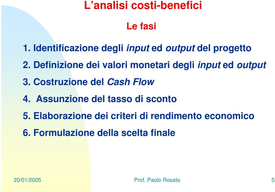 Definizione dei valori monetari degli input ed output 3.