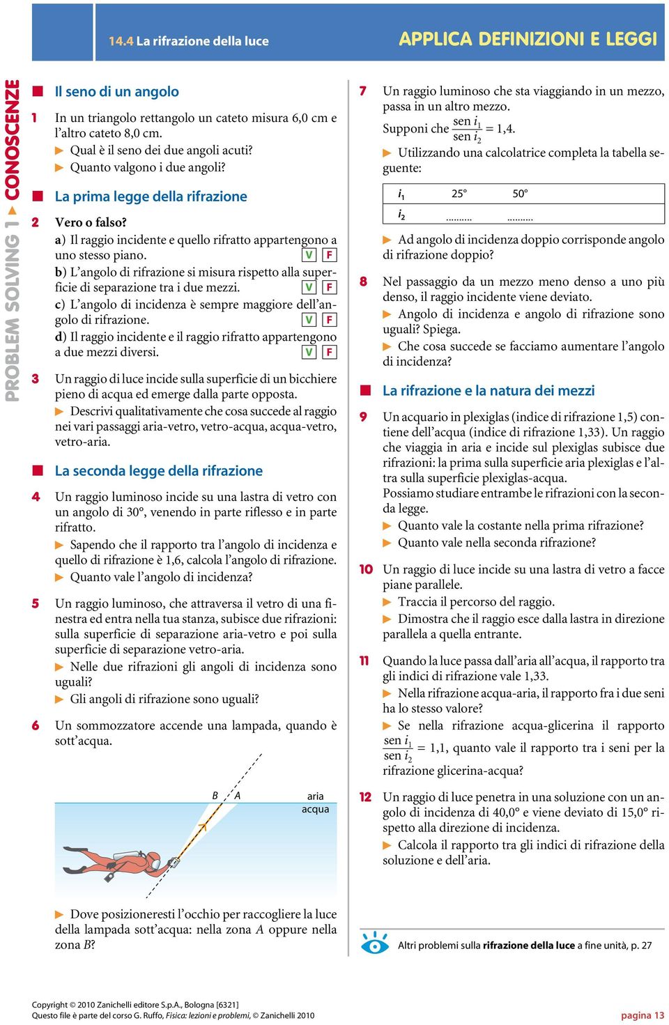 V F b) L angolo di rifrazione si misura rispetto alla superficie di separazione tra i due mezzi. V F c) L angolo di incidenza è sempre maggiore dell angolo di rifrazione.