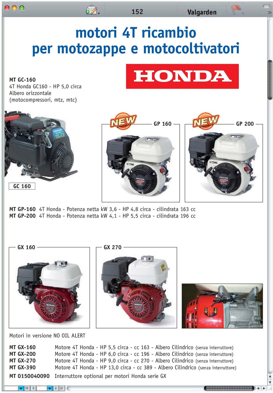 GX-390 MT 0150040090 Motore 4T Honda - HP 5,5 circa - cc 163 - Albero Cilindrico (senza interruttore) Motore 4T Honda - HP 6,0 circa - cc 196 - Albero Cilindrico (senza interruttore) Motore 4T