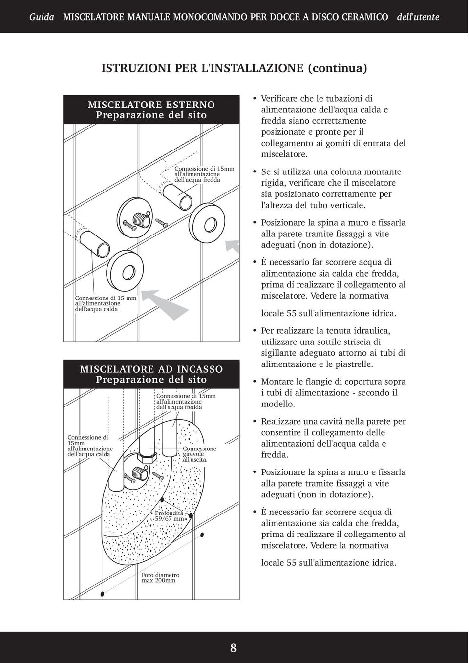 Verificare che le tubazioni di alimentazione dell'acqua calda e fredda siano correttamente posizionate e pronte per il collegamento ai gomiti di entrata del miscelatore.