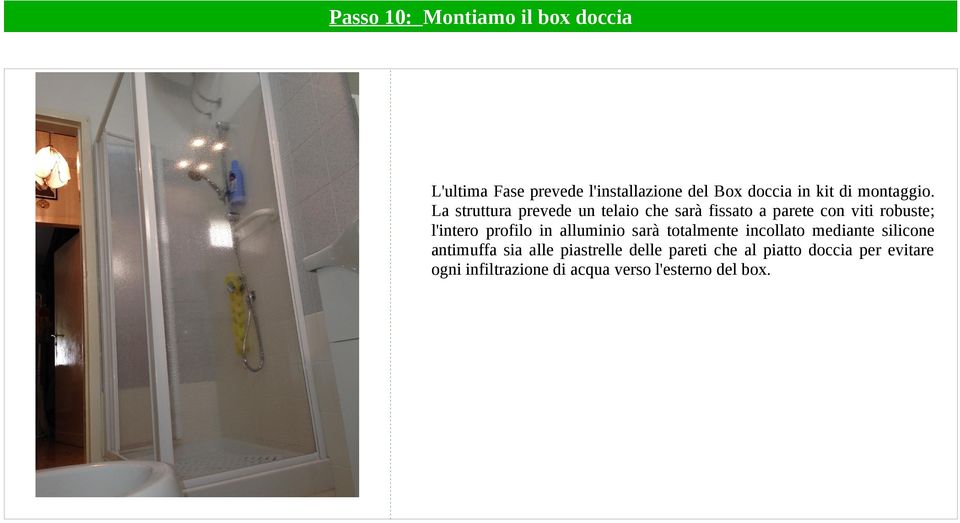 La struttura prevede un telaio che sarà fissato a parete con viti robuste; l'intero profilo in