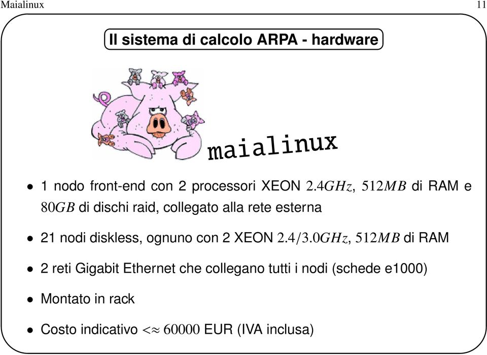 4GHz, 512MB di RAM e 80GB di dischi raid, collegato alla rete esterna 21 nodi diskless,