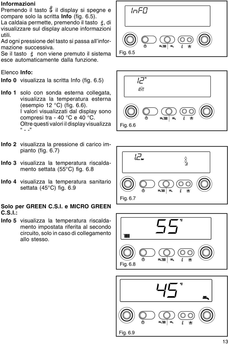 5 Elenco Info: Info 0 visualizza la scritta Info (fig. 6.5) Info 1 solo con sonda esterna collegata, visualizza la temperatura esterna (esempio 12 C) (fig. 6.6).