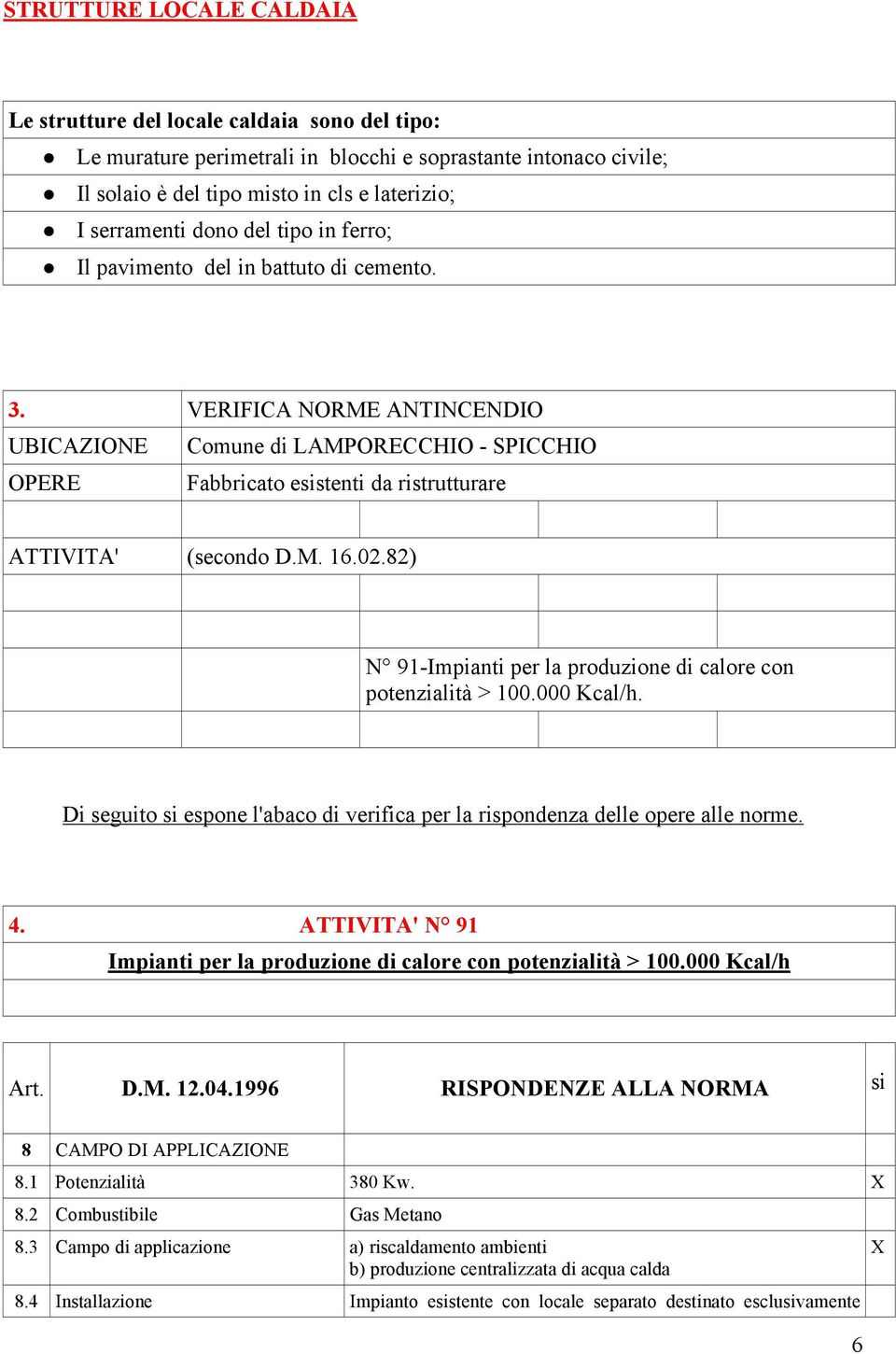 VERIFICA NORME ANTINCENDIO UBICAZIONE Comune di LAMPORECCHIO - SPICCHIO OPERE Fabbricato esistenti da ristrutturare ATTIVITA' (secondo D.M. 16.02.