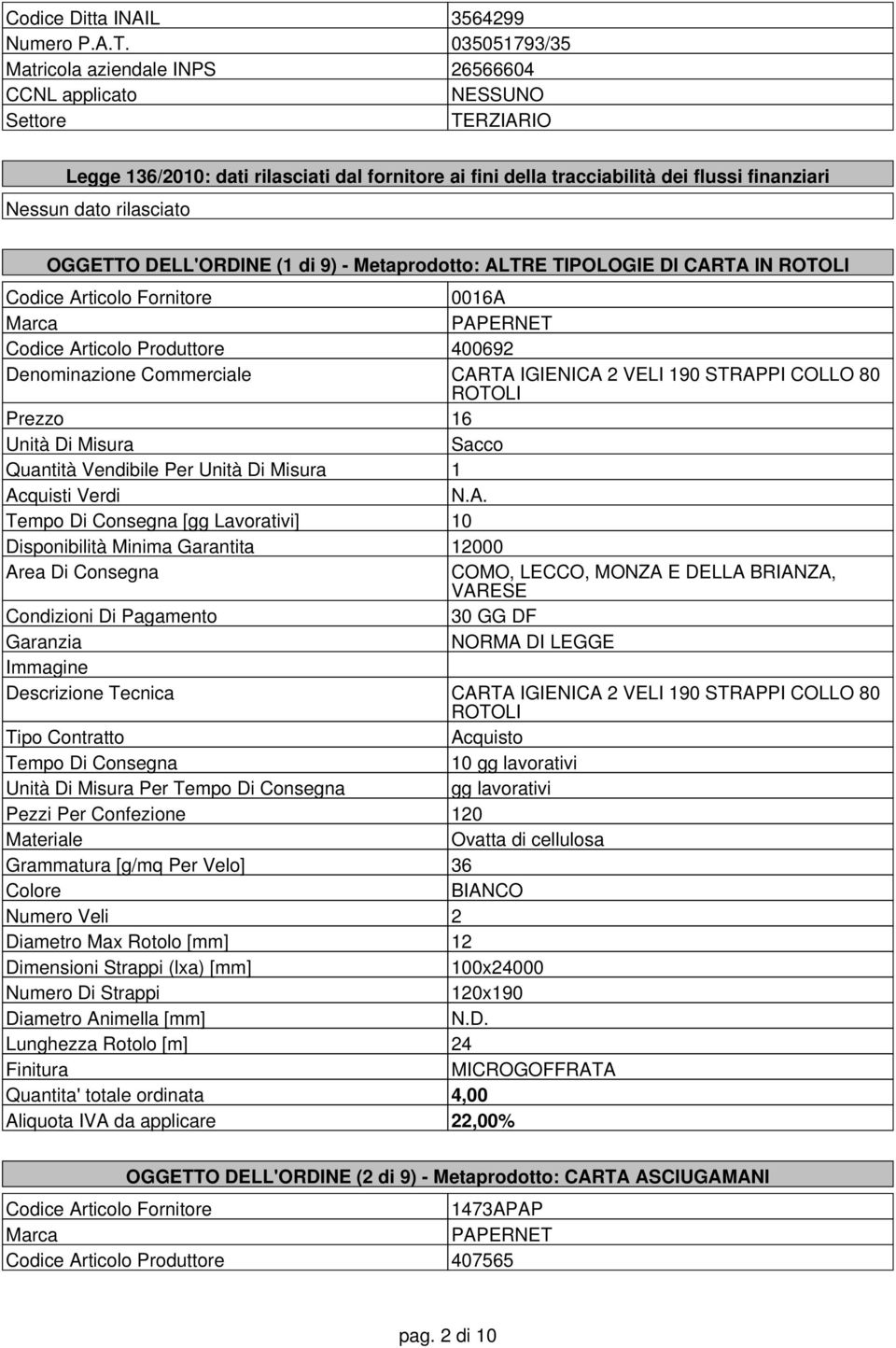 rilasciato OGGETTO DELL'ORDINE (1 di 9) - Metaprodotto: ALTRE TIPOLOGIE DI CARTA IN ROTOLI 0016A PAPERNET 400692 Denominazione Commerciale CARTA IGIENICA 2 VELI 190 STRAPPI COLLO 80 ROTOLI Prezzo 16