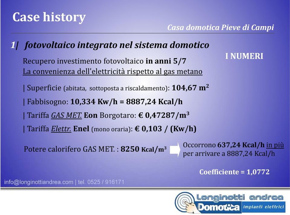 Fabbisogno: 10,334 Kw/h = 8887,24 Kcal/h Tariffa GAS MET.EonBorgotaro: 0,47287/m 3 Tariffa Elettr.