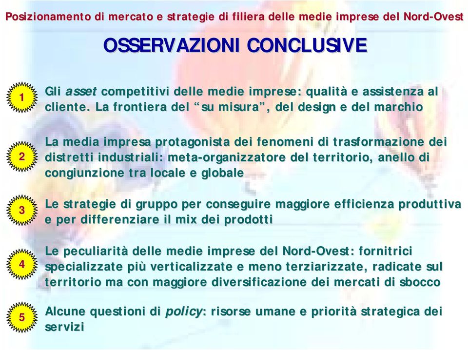 congiunzione tra locale e globale Le strategie di gruppo per conseguire maggiore efficienza produttiva tiva e per differenziare il mix dei prodotti Le peculiarità delle medie imprese del Nord-Ovest: