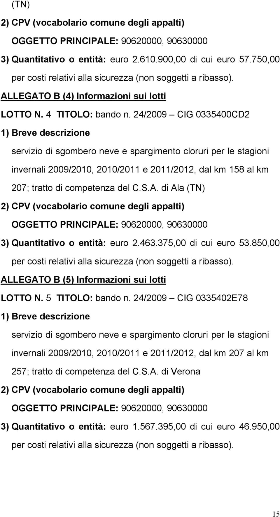 24/2009 CIG 0335400CD2 1) Breve descrizione servizio di sgombero neve e spargimento cloruri per le stagioni invernali 2009/2010, 2010/2011 e 2011/2012, dal km 158 al km 207; tratto di competenza del