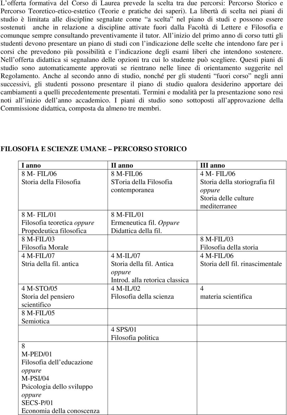 di Lettere e Filosofia e comunque sempre consultando preventivamente il tutor.