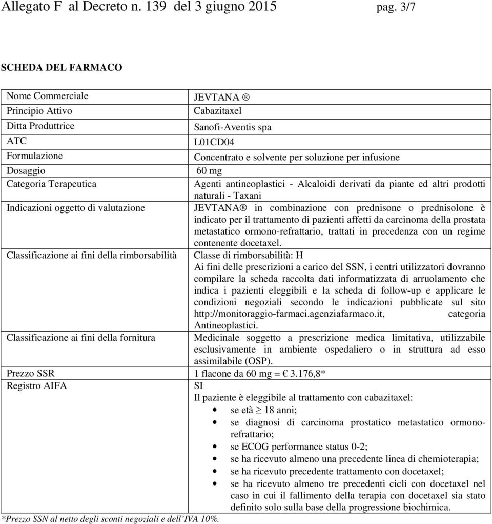 60 mg Categoria Terapeutica Agenti antineoplastici - Alcaloidi derivati da piante ed altri prodotti naturali - Taxani Indicazioni oggetto di valutazione JEVTANA in combinazione con prednisone o