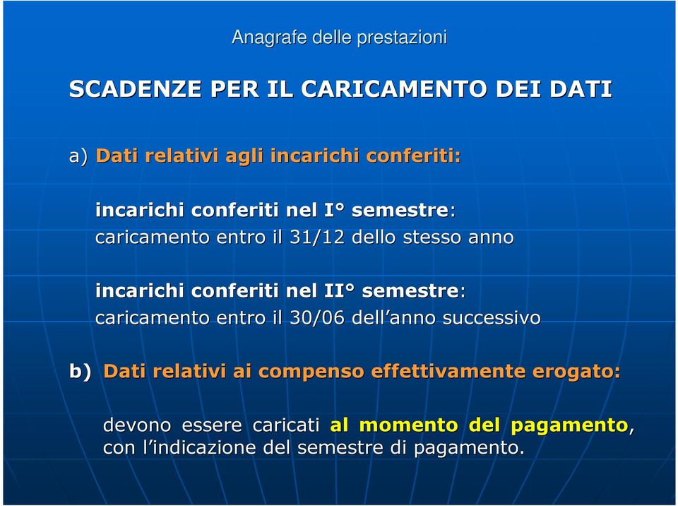 semestre: caricamento entro il 30/06 dell anno successivo b) Dati relativi ai compenso