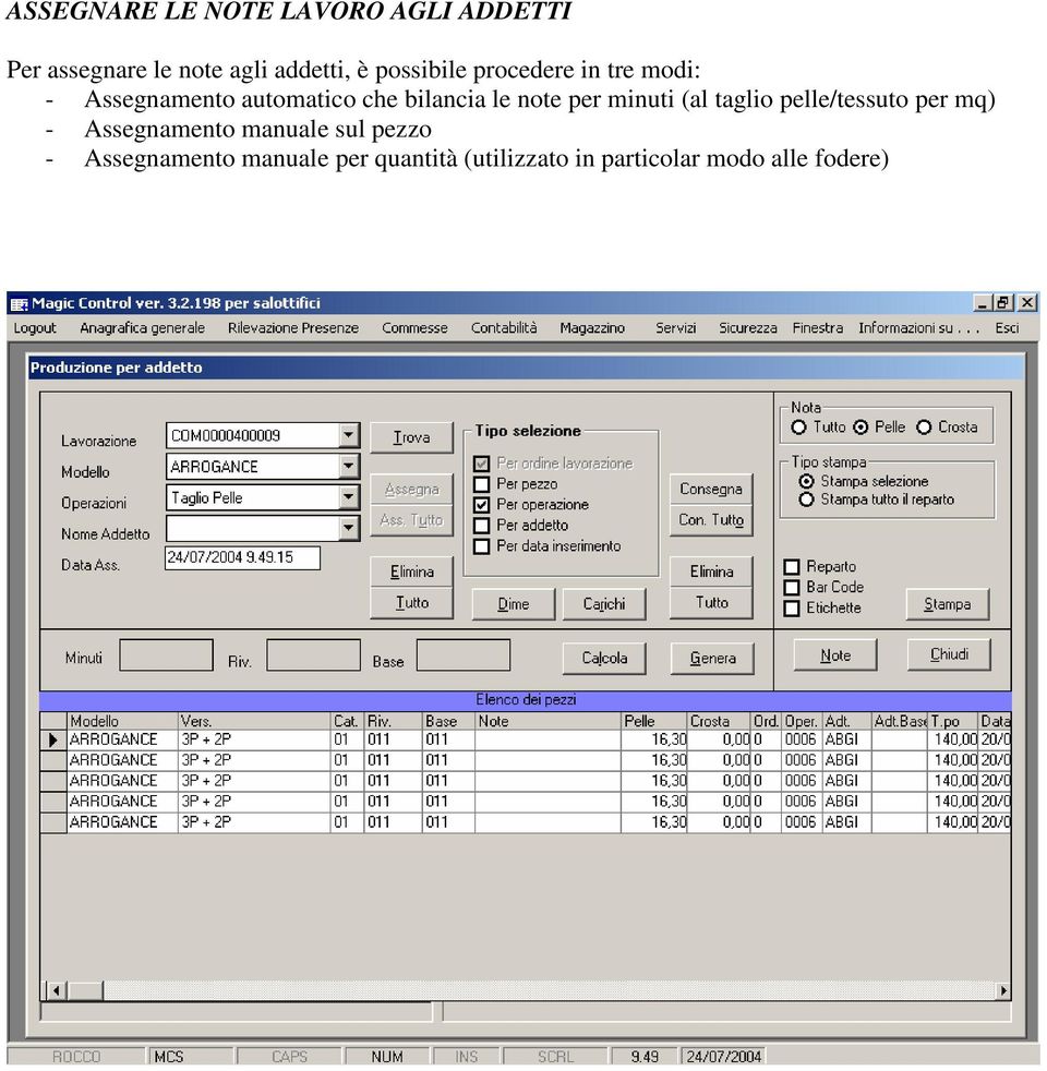 note per minuti (al taglio pelle/tessuto per mq) - Assegnamento manuale sul