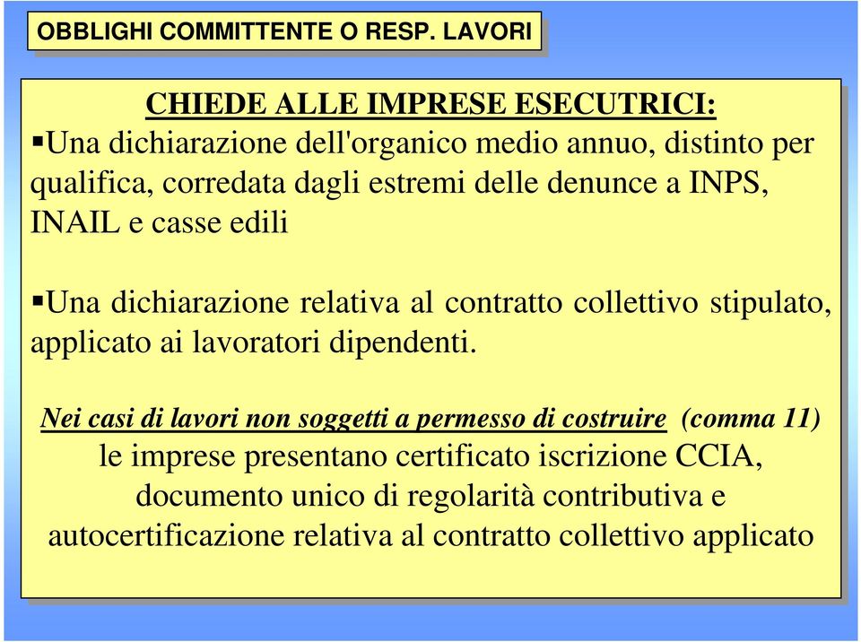 delle denunce a INPS, INAIL e casse edili Una dichiarazione relativa al al contratto collettivo stipulato, applicato ai ai lavoratori