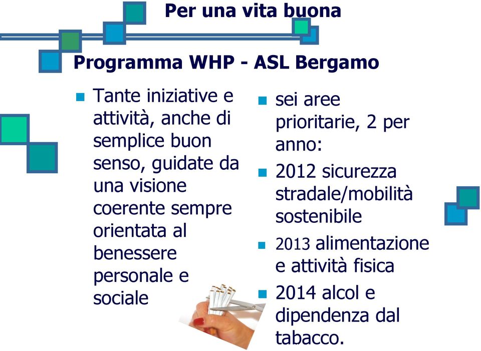 sei aree prioritarie, 2 per anno: 2012 sicurezza stradale/mobilità sostenibile 2013