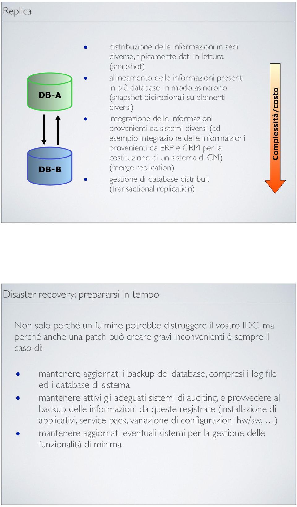 sistema di CM) (merge replication) gestione di database distribuiti (transactional replication) Complessità/costo Disaster recovery: prepararsi in tempo Non solo perché un fulmine potrebbe