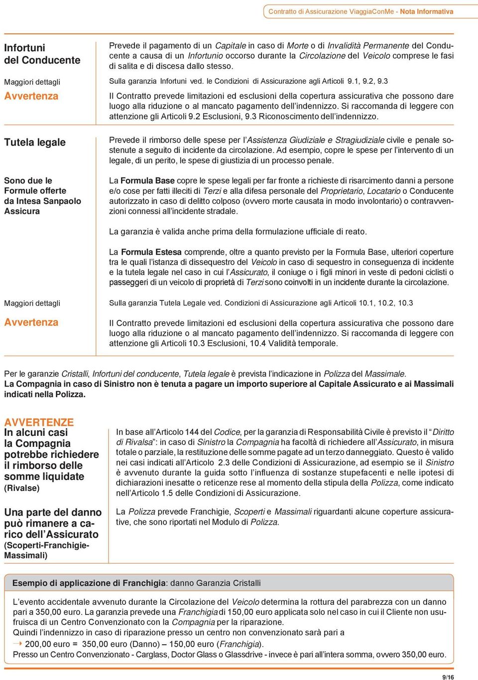 stesso. Sulla garanzia Infortuni ved. le Condizioni di Assicurazione agli Articoli 9.1, 9.2, 9.