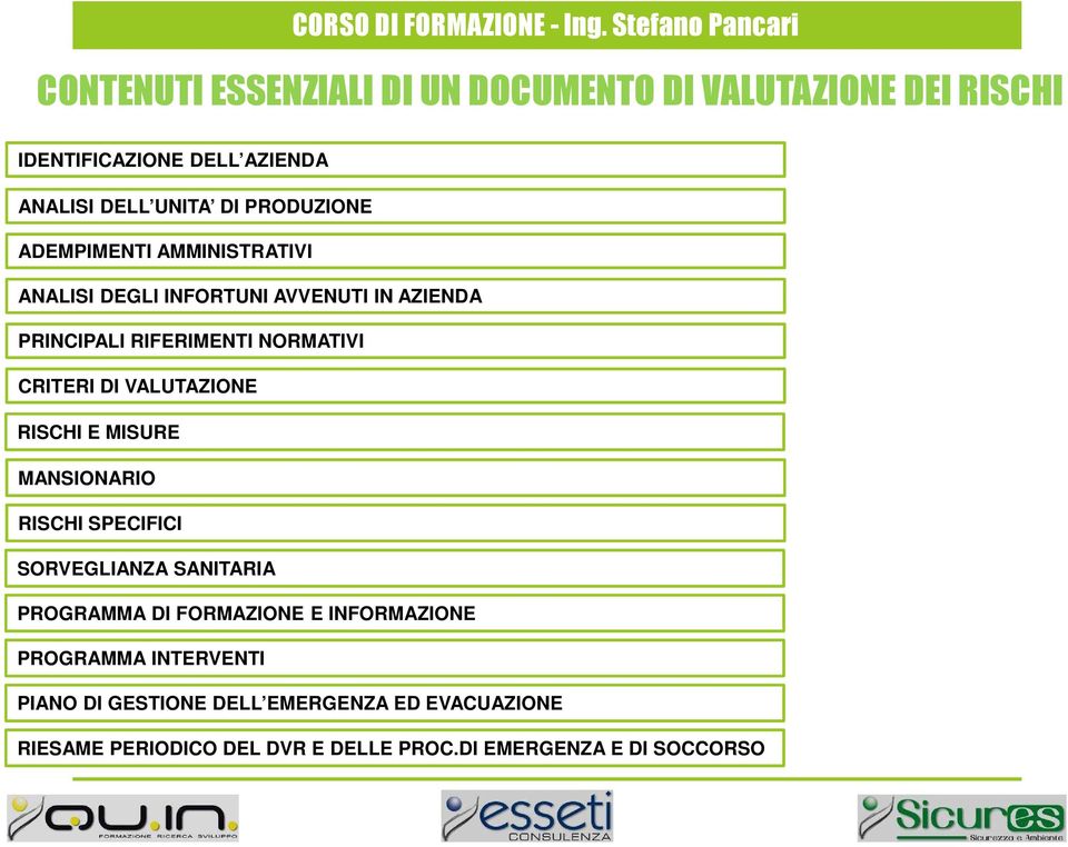 PRODUZIONE ADEMPIMENTI AMMINISTRATIVI ANALISI DEGLI INFORTUNI AVVENUTI IN AZIENDA PRINCIPALI RIFERIMENTI NORMATIVI CRITERI DI