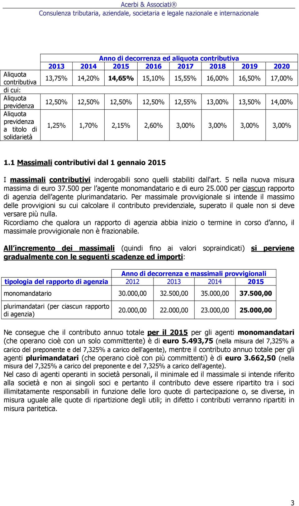 1 Massimali contributivi dal 1 gennaio 2015 I massimali contributivi inderogabili sono quelli stabiliti dall'art. 5 nella nuova misura massima di euro 37.500 per l agente monomandatario e di euro 25.