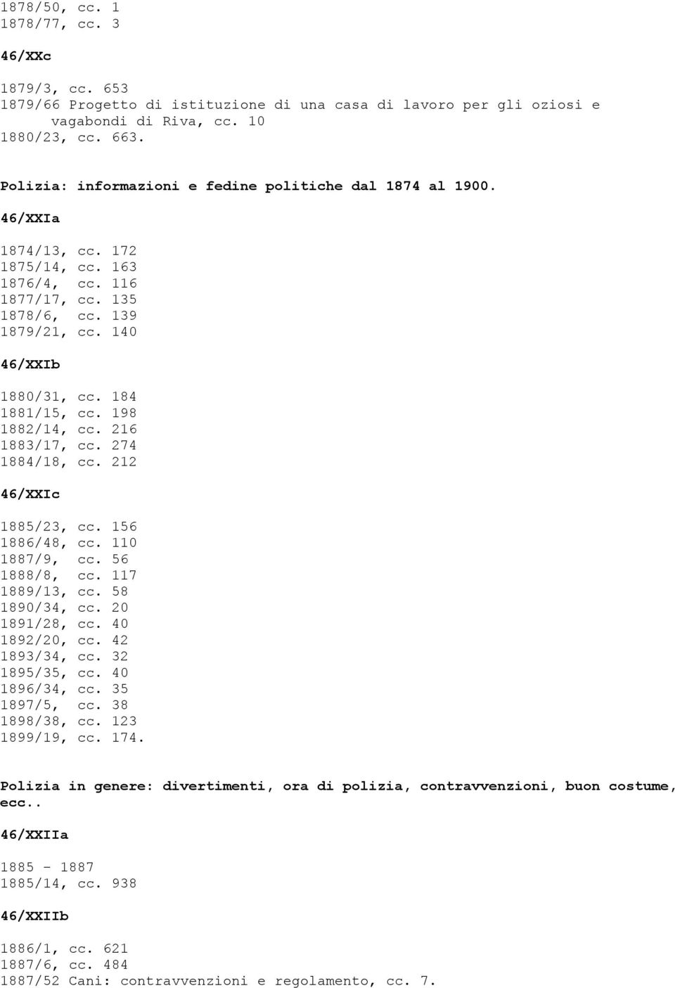 184 1881/15, cc. 198 1882/14, cc. 216 1883/17, cc. 274 1884/18, cc. 212 46/XXIc 1885/23, cc. 156 1886/48, cc. 110 1887/9, cc. 56 1888/8, cc. 117 1889/13, cc. 58 1890/34, cc. 20 1891/28, cc.
