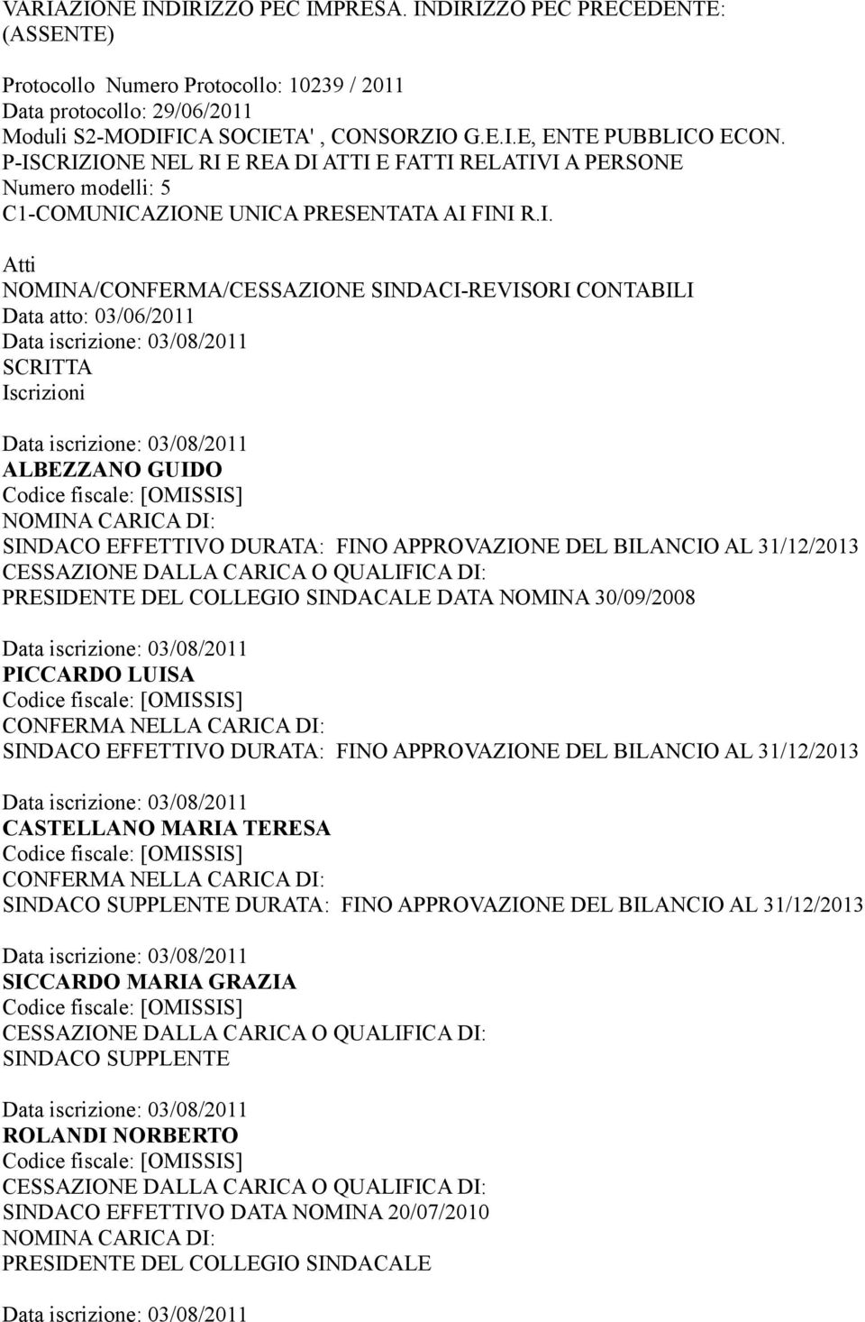 SINDACI-REVISORI CONTABILI Data atto: 03/06/2011 Data iscrizione: 03/08/2011 SCRITTA Data iscrizione: 03/08/2011 ALBEZZANO GUIDO NOMINA CARICA DI: SINDACO EFFETTIVO DURATA: FINO APPROVAZIONE DEL