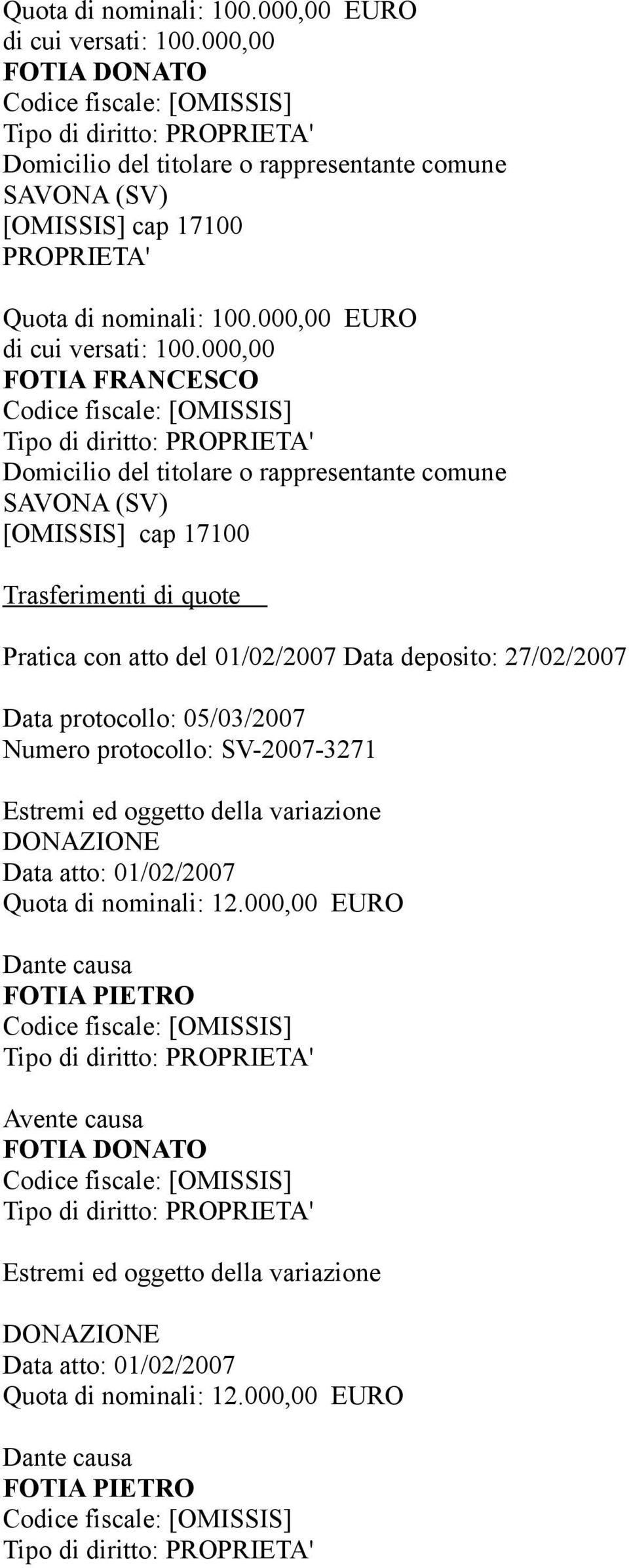 del titolare o rappresentante comune SAVONA (SV) [OMISSIS] cap 17100 Trasferimenti di quote Pratica con atto del 01/02/2007 Data deposito: 27/02/2007 Data protocollo: 05/03/2007 Numero protocollo: