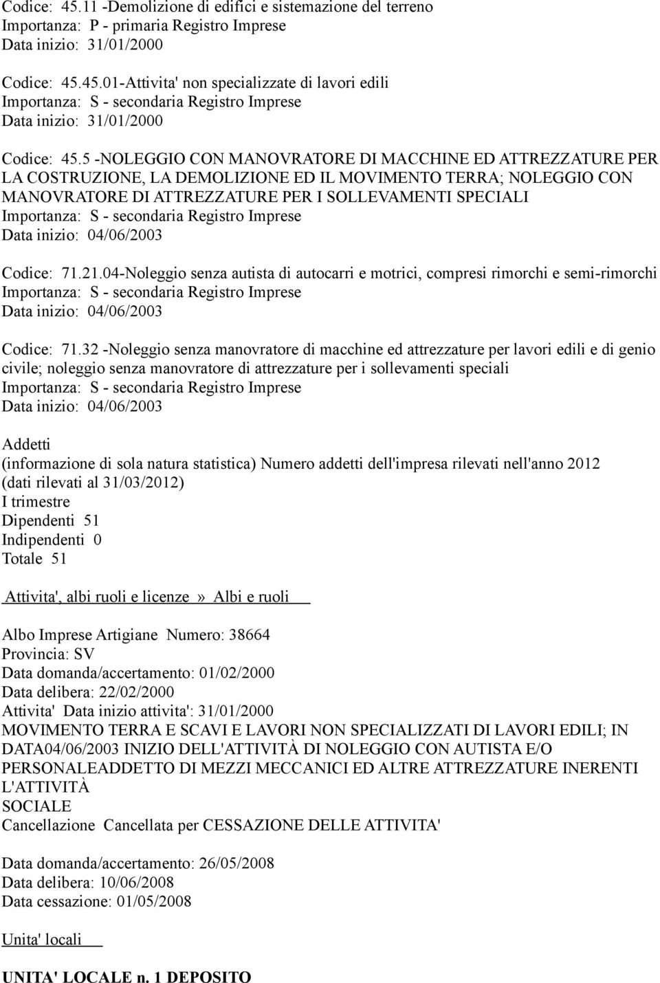 secondaria Registro Imprese Data inizio: 04/06/2003 Codice: 71.21.