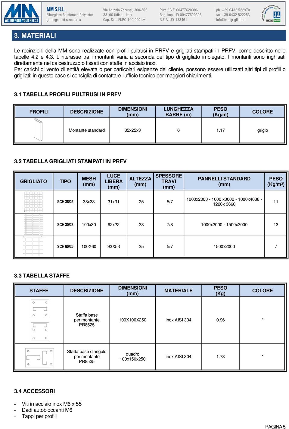 Per carichi di vento di entità elevata o per particolari esigenze del cliente, possono essere utilizzati altri tipi di profili o grigliati: in questo caso si consiglia di contattare l ufficio tecnico