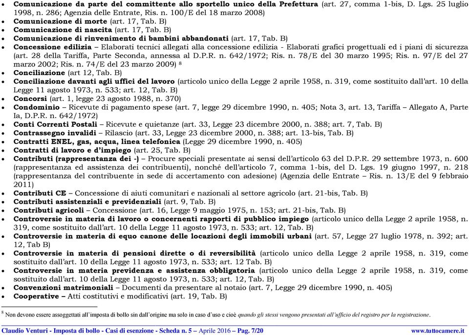 28 della Tariffa, Parte Seconda, annessa al D.P.R. n. 642/1972; Ris. n. 78/E del 30 marzo 1995; Ris. n. 97/E del 27 marzo 2002; Ris. n. 74/E del 23 marzo 2009) 8 Conciliazione (art 12, Tab.