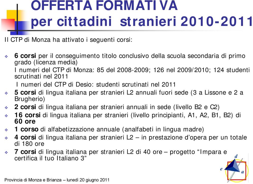 nel 2011 5 corsi di lingua italiana per stranieri L2 annuali fuori sede (3 a Lissone e 2 a Brugherio) 2 corsi di lingua italiana per stranieri annuali in sede (livello B2 e C2) 16 corsi di lingua