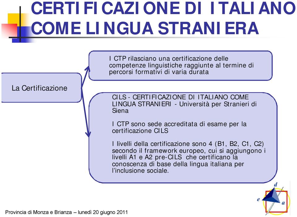 Università per Stranieri di Siena I CTP sono sede accreditata di esame per la certificazione CILS I livelli della certificazione sono 4 (B1, B2, C1, C2)