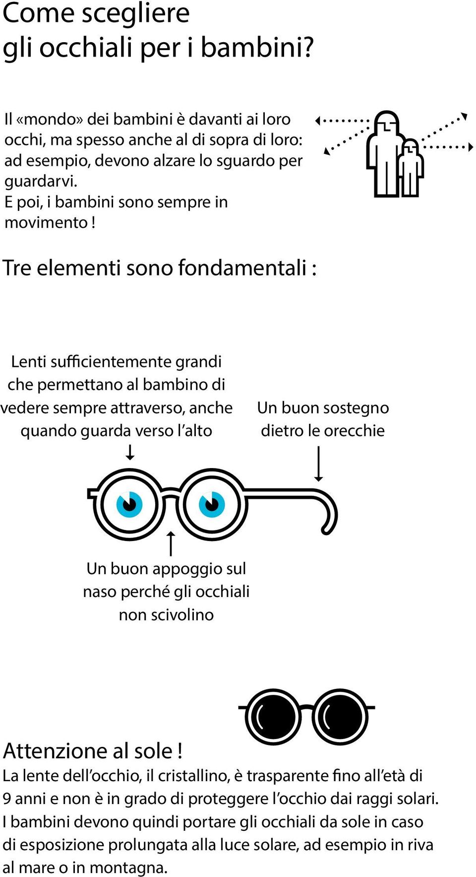 Tre elementi sono fondamentali : Lenti sufficientemente grandi che permettano al bambino di vedere sempre attraverso, anche quando guarda verso l alto Un buon sostegno dietro le orecchie Un