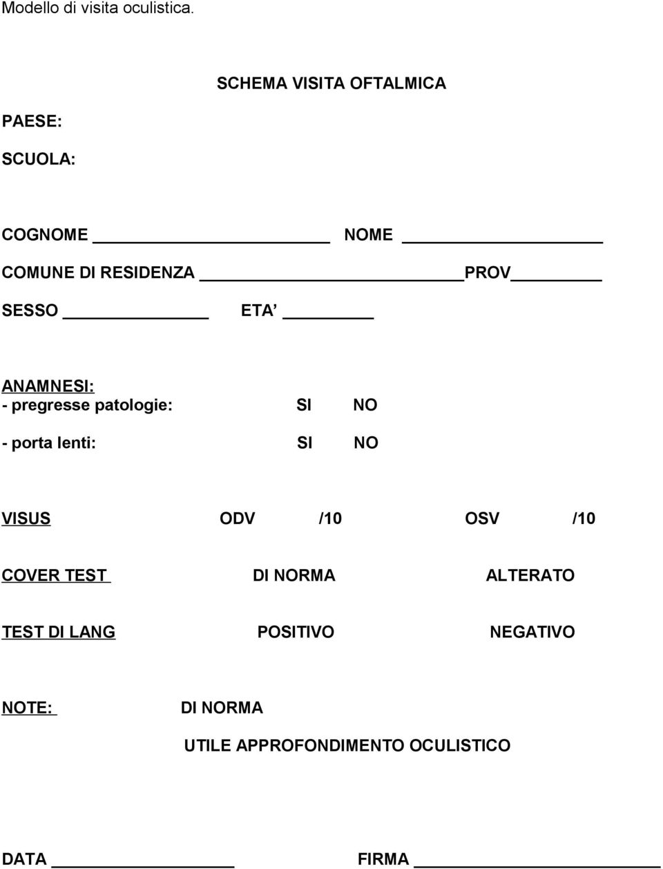SESSO ETA ANAMNESI: - pregresse patologie: SI NO - porta lenti: SI NO VISUS