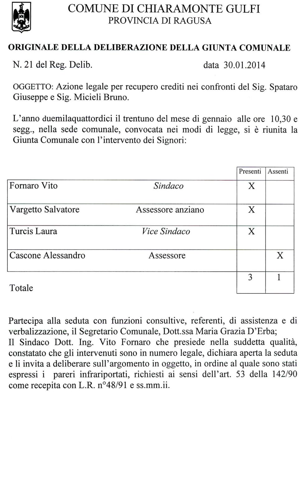 , nella sede comunale, convocata nei modi di legge, si è riunita la Giunta Comunale con l'intervento dei Signori: Fornaro Vito Vargetto Salvatore Turcis Laura Cascone Alessandro Sindaco Assessore