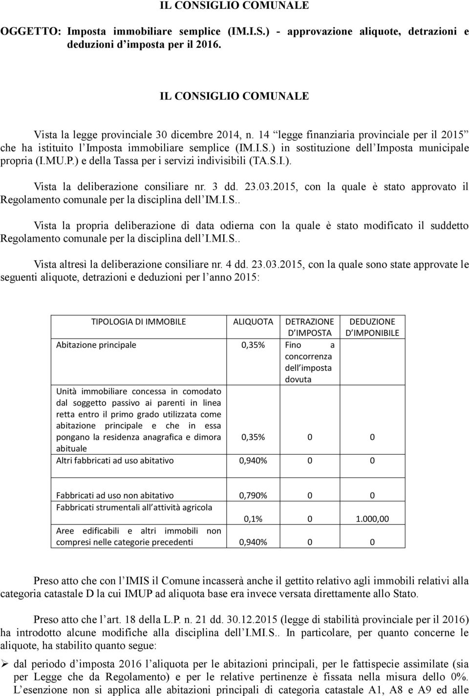 MU.P.) e della Tassa per i servizi indivisibili (TA.S.I.). Vista la deliberazione consiliare nr. 3 dd. 23.03.2015, con la quale è stato approvato il Regolamento comunale per la disciplina dell IM.I.S.. Vista la propria deliberazione di data odierna con la quale è stato modificato il suddetto Regolamento comunale per la disciplina dell I.