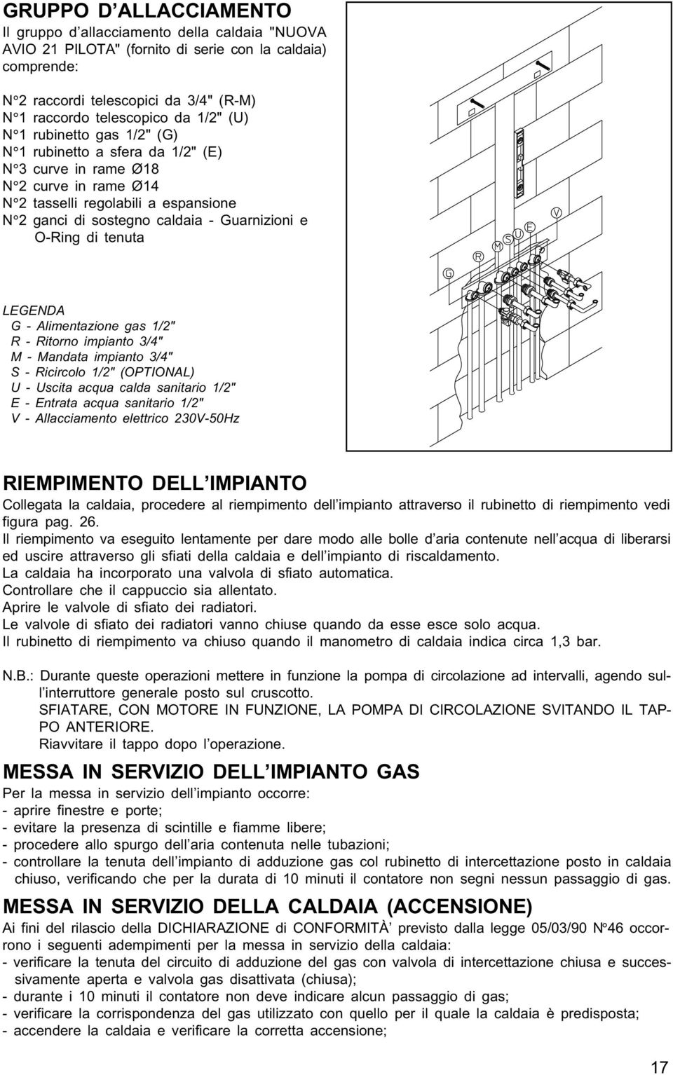 O-Ring di tenuta LEGENDA G - Alimentazione gas 1/2" R - Ritorno impianto 3/4" M - Mandata impianto 3/4" S - Ricircolo 1/2" (OPTIONAL) U - Uscita acqua calda sanitario 1/2" E - Entrata acqua sanitario