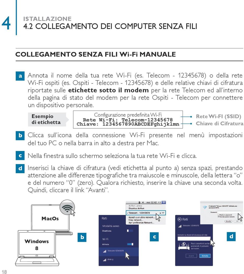 Telecom per connettere un dispositivo personale. Esempio di etichetta Configurazione predefinita Wi-Fi Rete Wi-Fi: Telecom-12345678 Chiave: 1234567890ABCDEFghijklmn b.