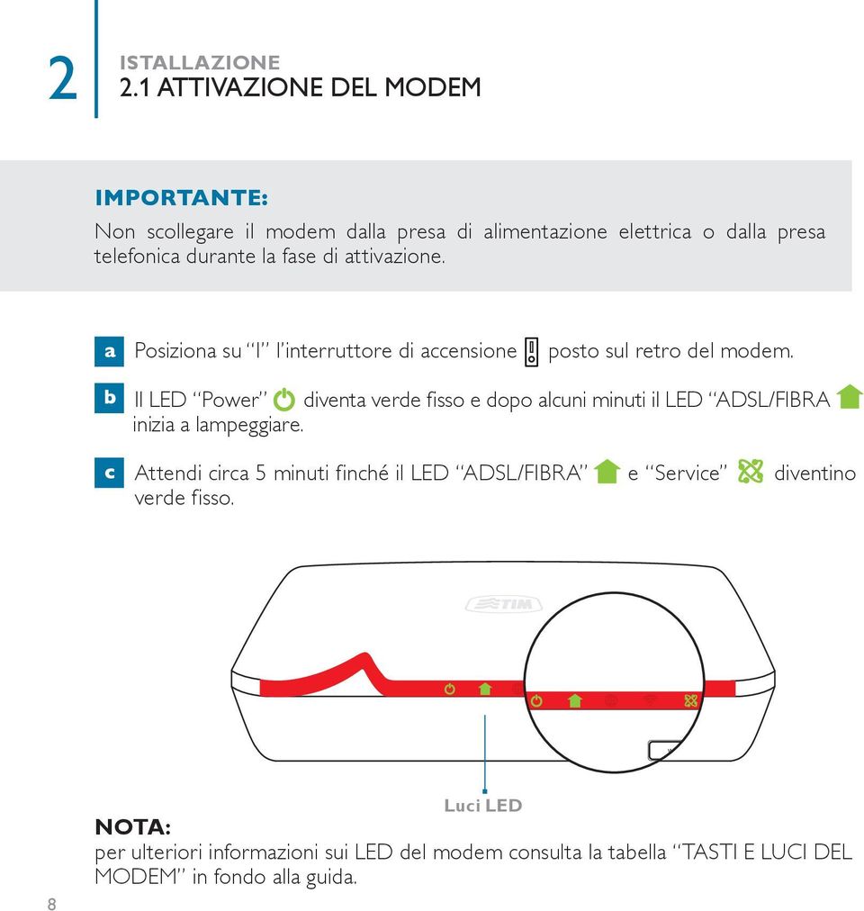 b Il LED Power diventa verde fisso e dopo alcuni minuti il LED ADSL/FIBRA inizia a lampeggiare. c.