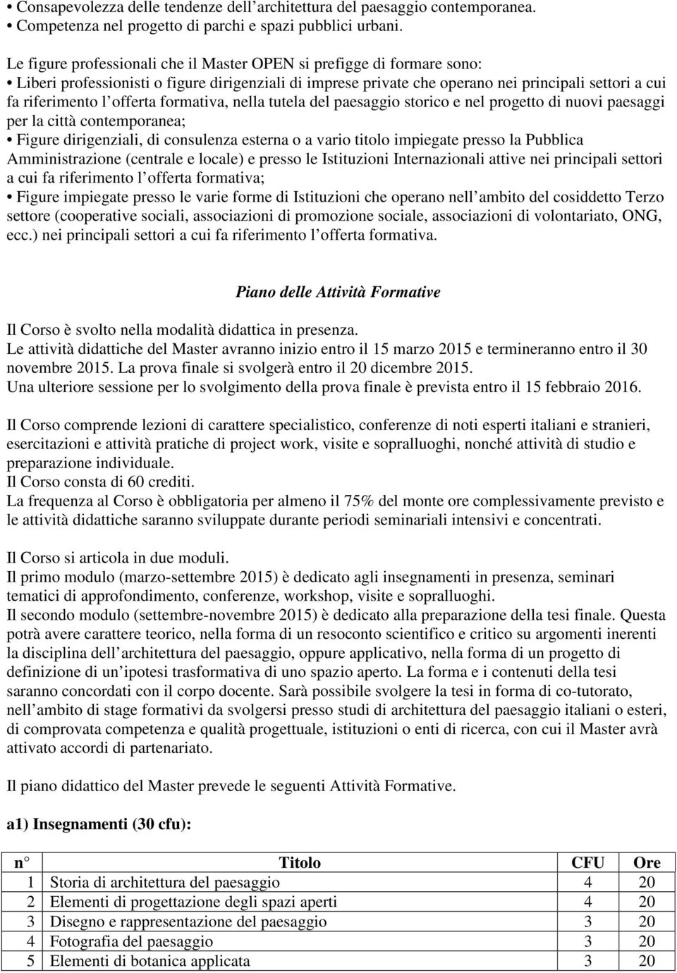 offerta formativa, nella tutela del paesaggio storico e nel progetto di nuovi paesaggi per la città contemporanea; Figure dirigenziali, di consulenza esterna o a vario titolo impiegate presso la