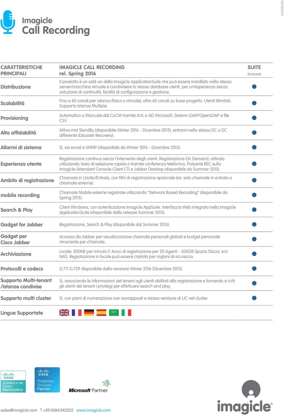 di continuità, facilità di configurazione e gestione. Fino a 60 canali per istanza (fisica o virtuale), oltre 60 canali su base progetto. Utenti illimitati. Supporto Istanze Multiple.