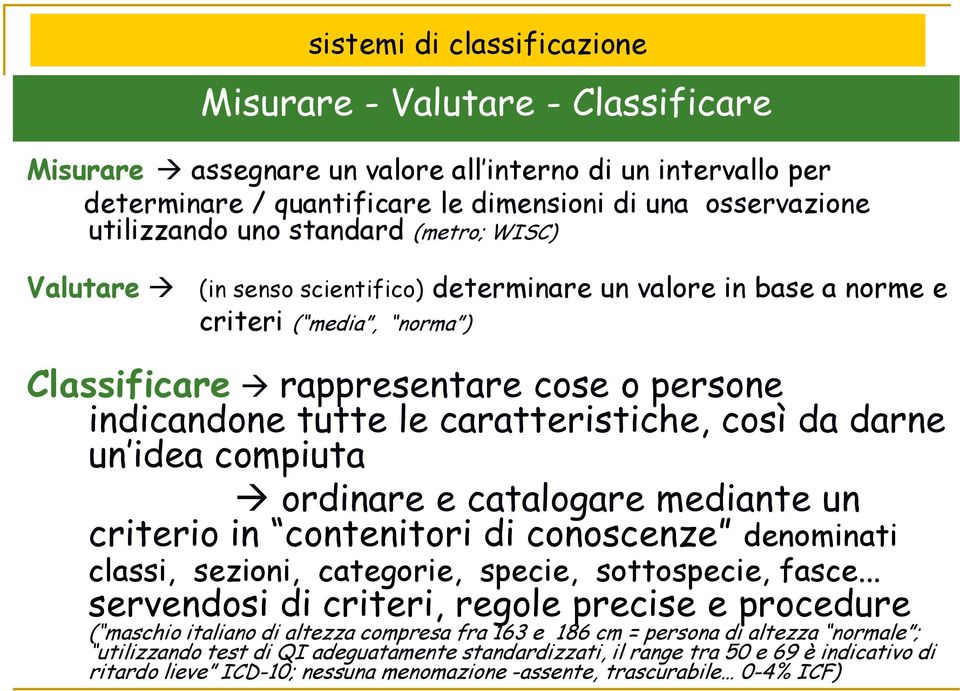 caratteristiche, così da darne un idea compiuta ordinare e catalogare mediante un criterio in contenitori di conoscenze denominati classi, sezioni, categorie, specie, sottospecie, fasce.