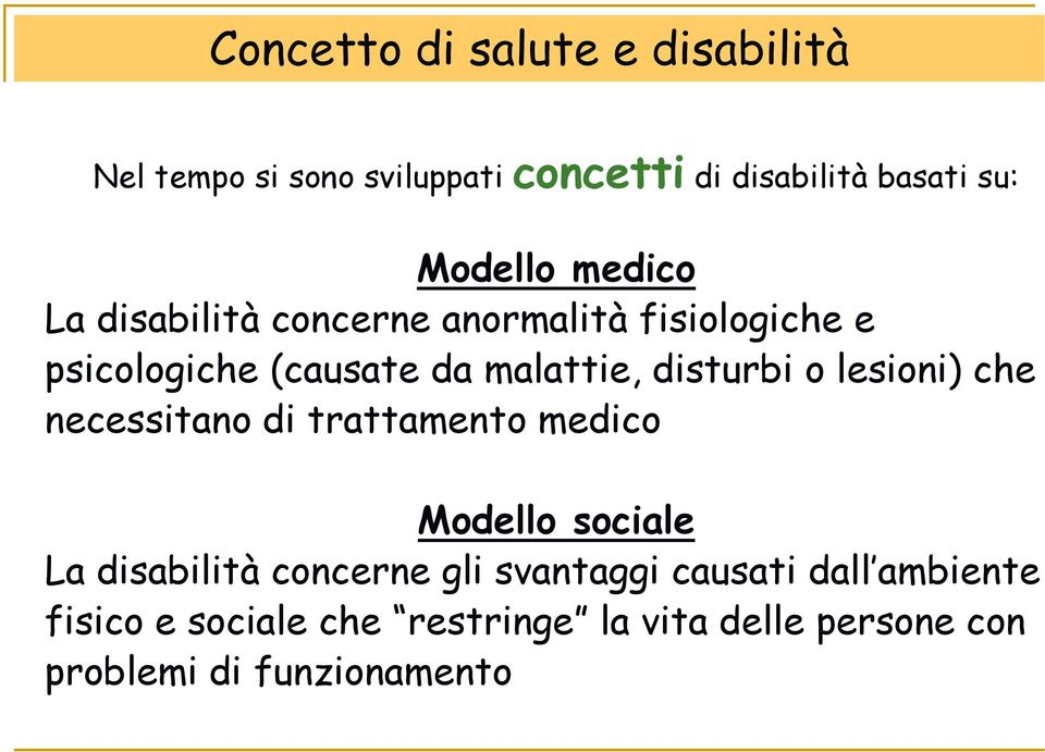 lesioni) che necessitano di trattamento medico Modello sociale La disabilità concerne gli svantaggi