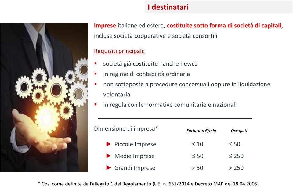 liquidazione volontaria in regola con le normative comunitarie e nazionali Dimensione di impresa* Fatturato /mln Occupati Piccole Imprese 10