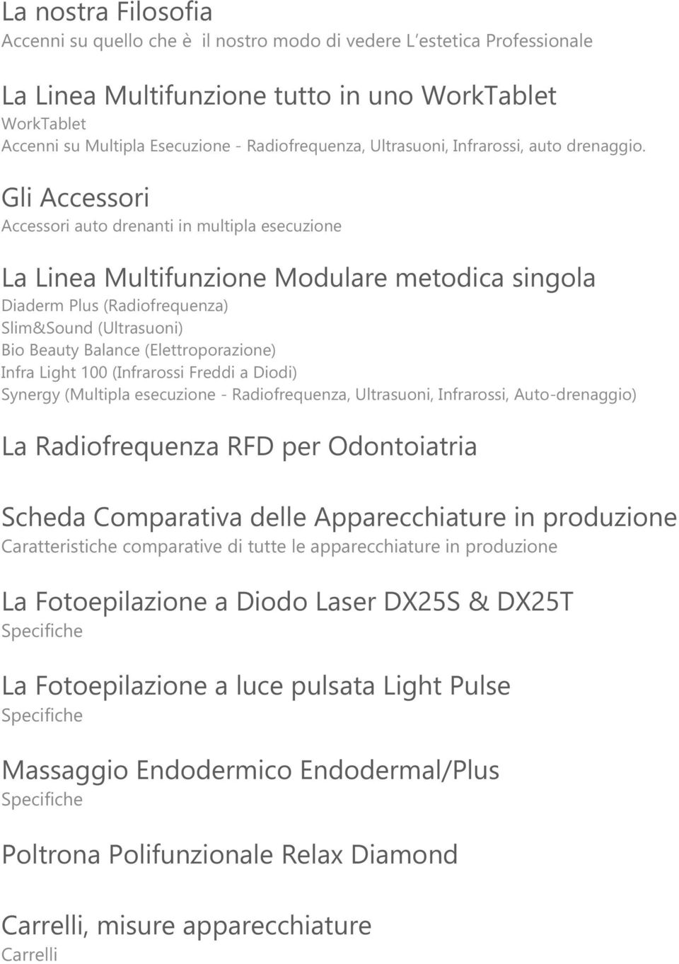 Gli Accessori Accessori auto drenanti in multipla esecuzione La Linea Multifunzione Modulare metodica singola Diaderm Plus (Radiofrequenza) Slim&Sound (Ultrasuoni) Bio Beauty Balance