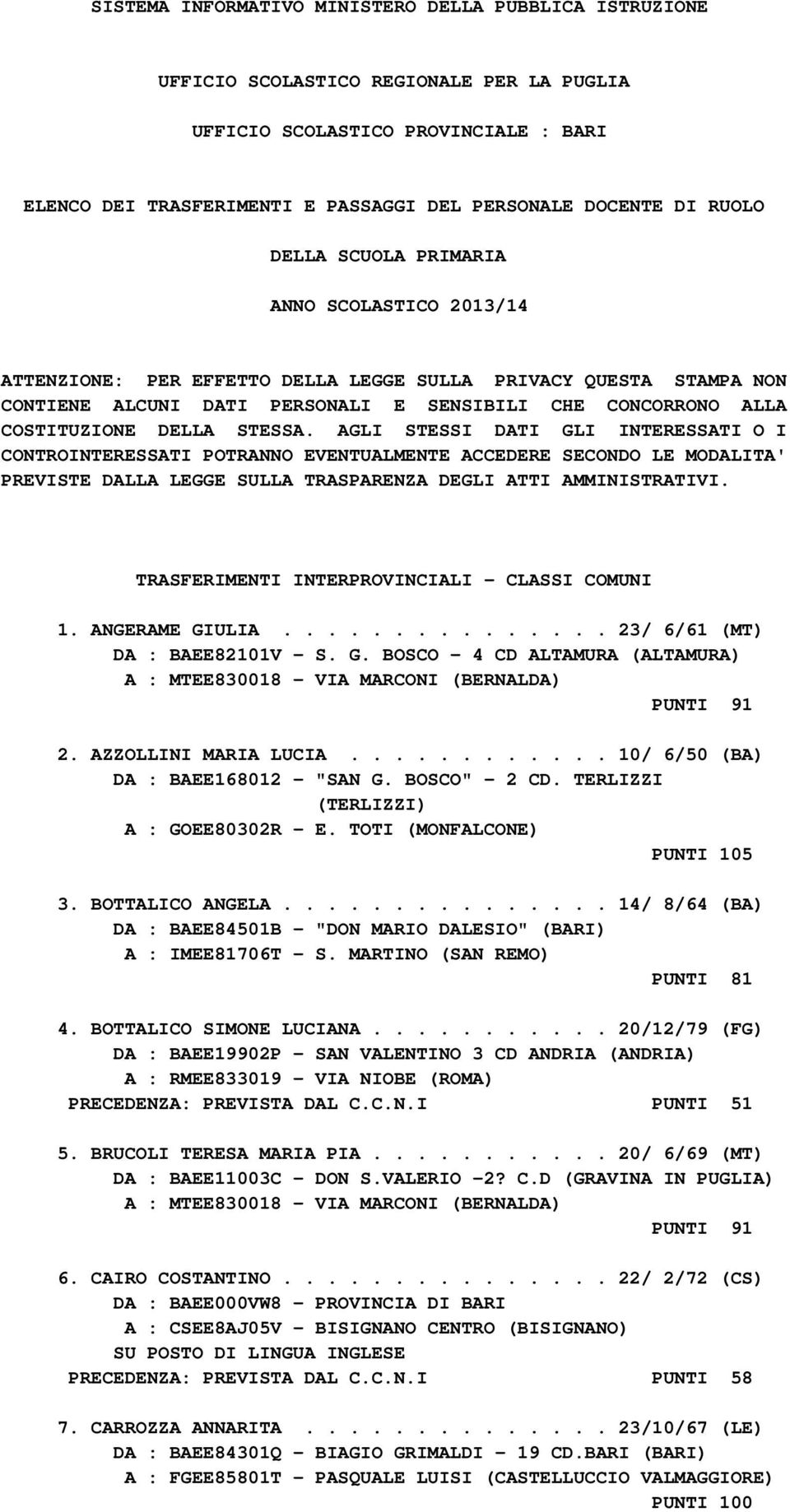 DELLA STESSA. AGLI STESSI DATI GLI INTERESSATI O I CONTROINTERESSATI POTRANNO EVENTUALMENTE ACCEDERE SECONDO LE MODALITA' PREVISTE DALLA LEGGE SULLA TRASPARENZA DEGLI ATTI AMMINISTRATIVI.