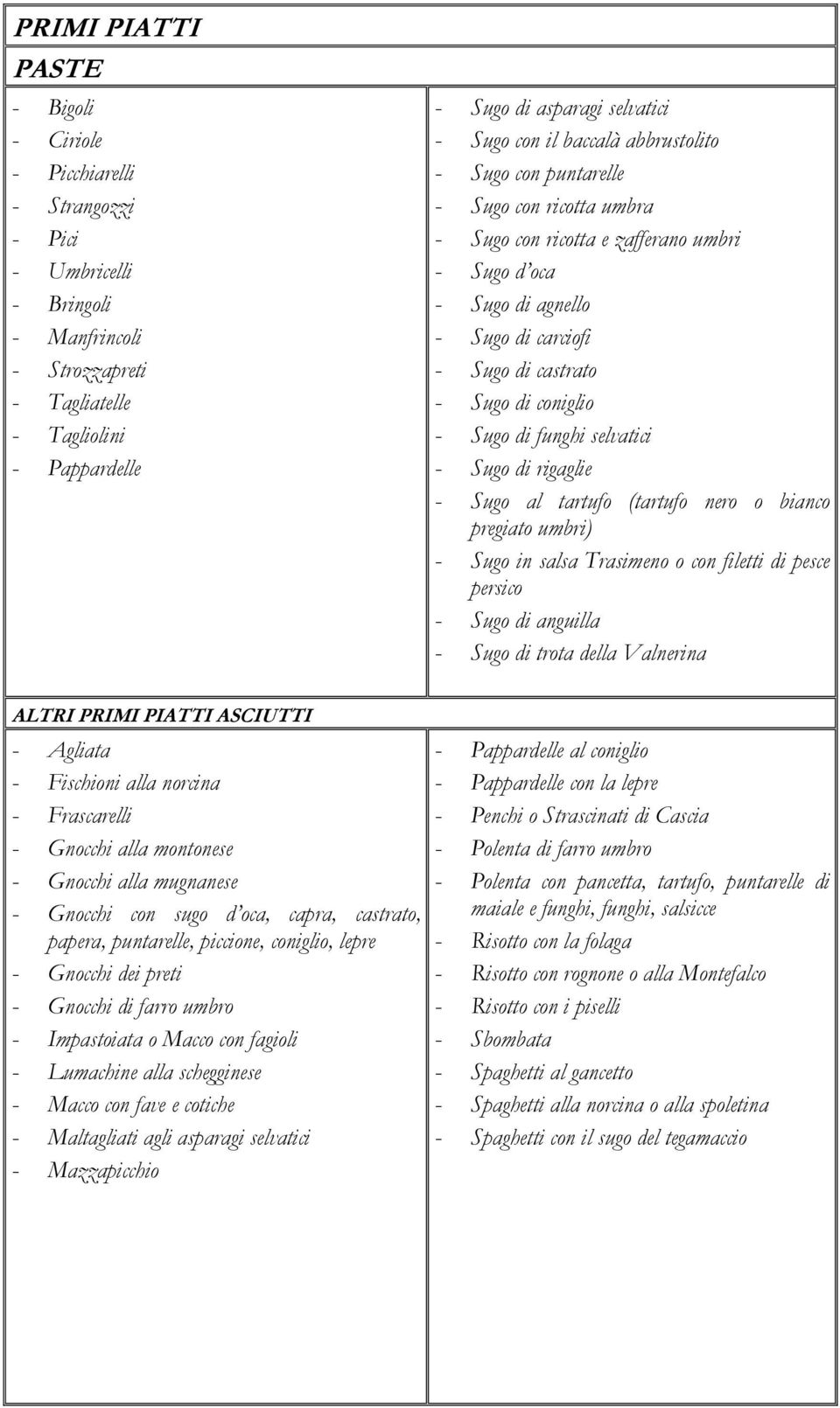 coniglio - Sugo di funghi selvatici - Sugo di rigaglie - Sugo al tartufo (tartufo nero o bianco pregiato umbri) - Sugo in salsa Trasimeno o con filetti di pesce persico - Sugo di anguilla - Sugo di