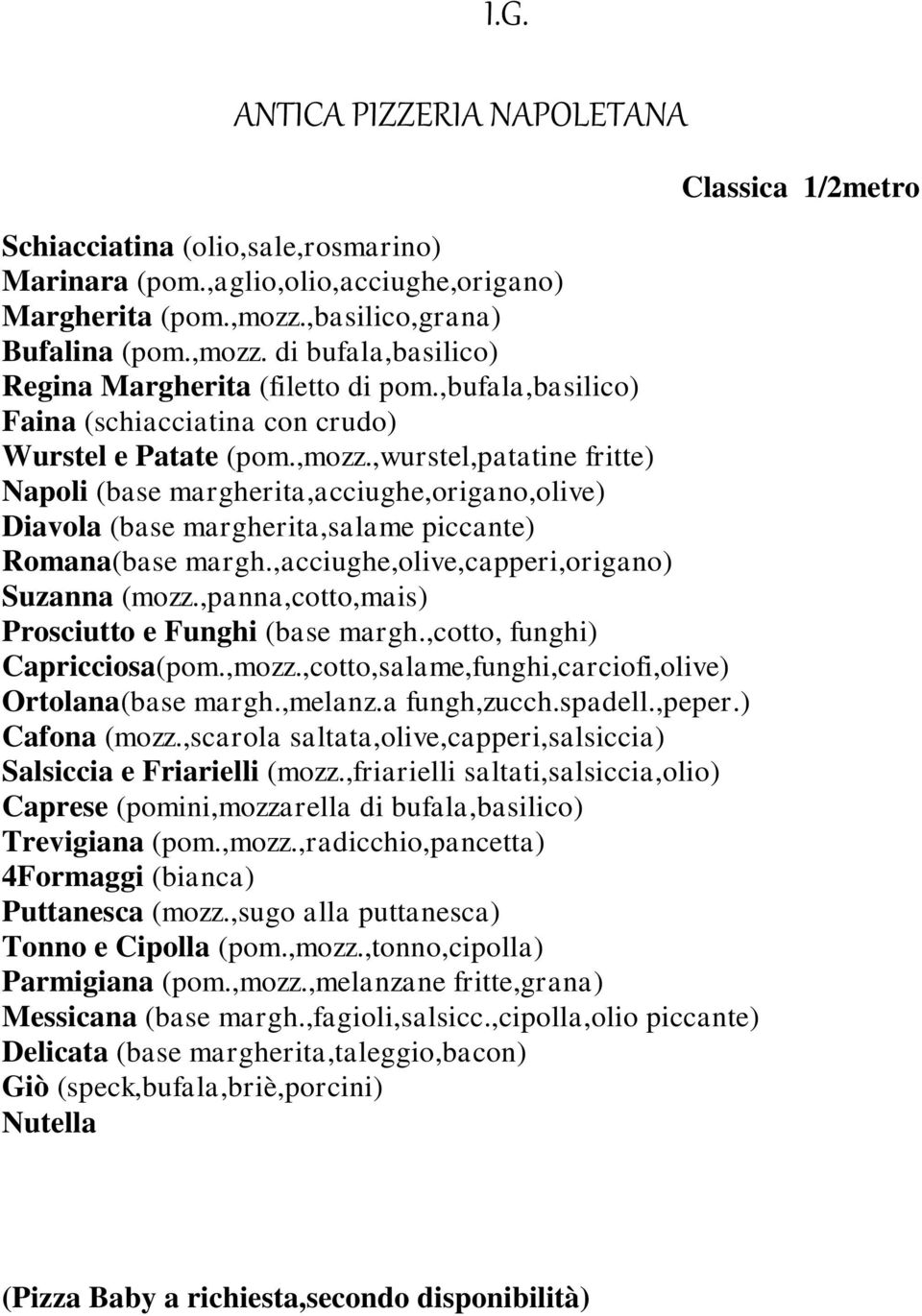 ,wurstel,patatine fritte) Napoli (base margherita,acciughe,origano,olive) Diavola (base margherita,salame piccante) Romana(base margh.,acciughe,olive,capperi,origano) Suzanna (mozz.