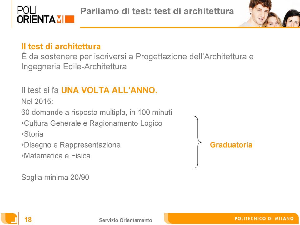 ANNO. Nel 2015: 60 domande a risposta multipla, in 100 minuti Cultura Generale e Ragionamento